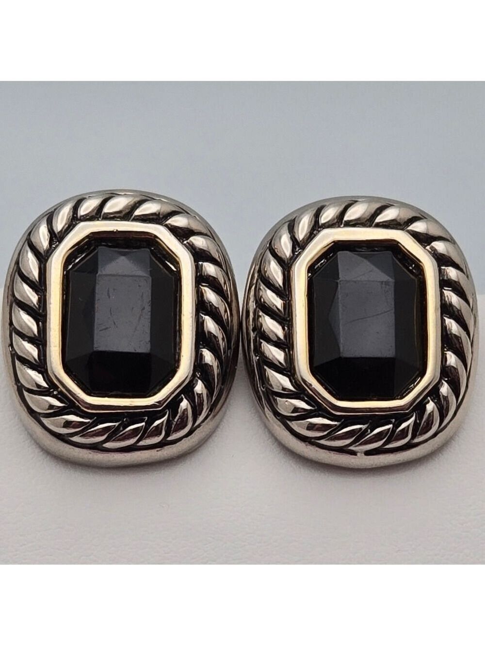 Vintage Silver Tone Black Onyx Clip-On Earrings w/Rope Frame